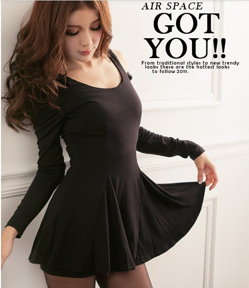 Women black scoop neck long sleeves off shoulder mini dress Free shipping