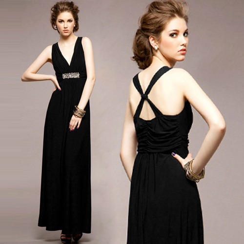 Women black sexy deep V-neck cross back elastic rhinestone decor long dress Free shipping