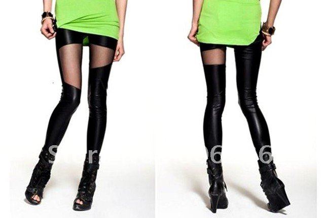 Women Black Yarn+Leather Look Sexy Metallic Punk Skinny   B236