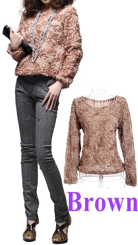 Women Blouse 3D Rose Flowers Mesh Lace Jumper Pullover Shirt Ladies Tops Brown ,Free Shipping Dropshipping Wholesale