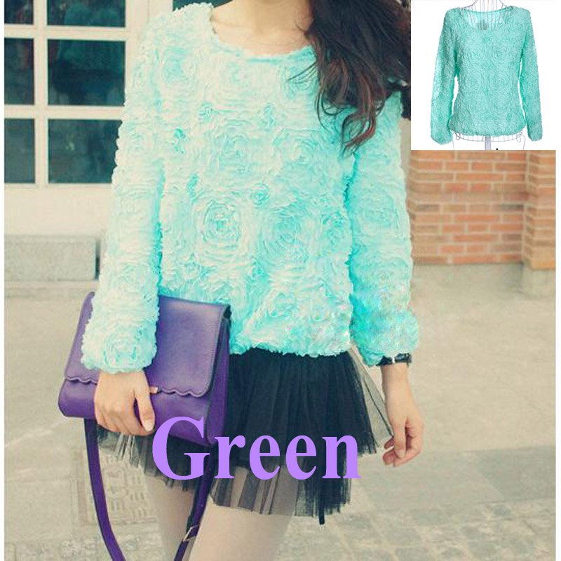 Women Blouse 3D Rose Flowers Mesh Lace Jumper Pullover Shirt Ladies Tops Green ,Free Shipping Dropshipping Wholesale