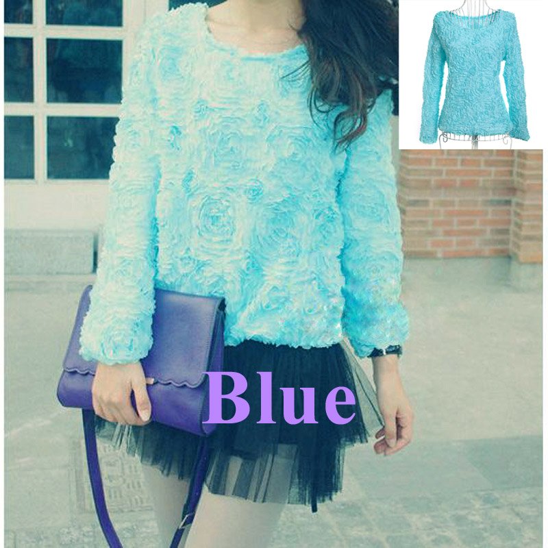 Women Blouse 3D Rose Flowers Mesh Lace Jumper Pullover Shirt Ladies Tops Light Blue ,Free Shipping Dropshipping Wholesale