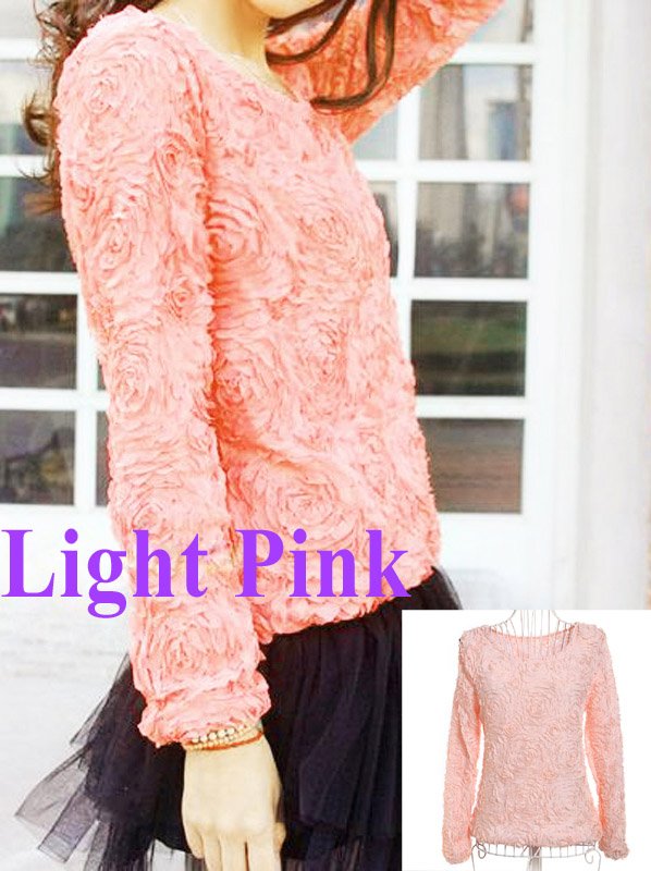 Women Blouse 3D Rose Flowers Mesh Lace Jumper Pullover Shirt Ladies Tops Light Pink ,Free Shipping  Dropshipping