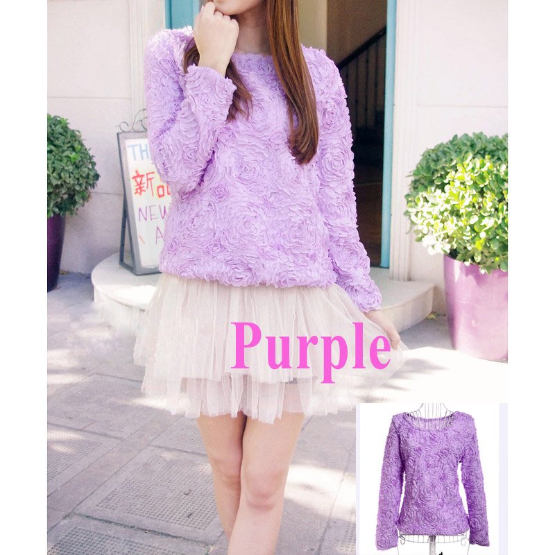 Women Blouse 3D Rose Flowers Mesh Lace Jumper Pullover Shirt Ladies Tops Purple ,Free Shipping Dropshipping Wholesale