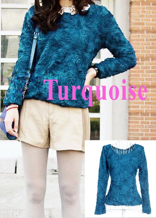 Women Blouse 3D Rose Flowers Mesh Lace Jumper Pullover Shirt Ladies Tops Turquoise ,Free Shipping  Dropshipping