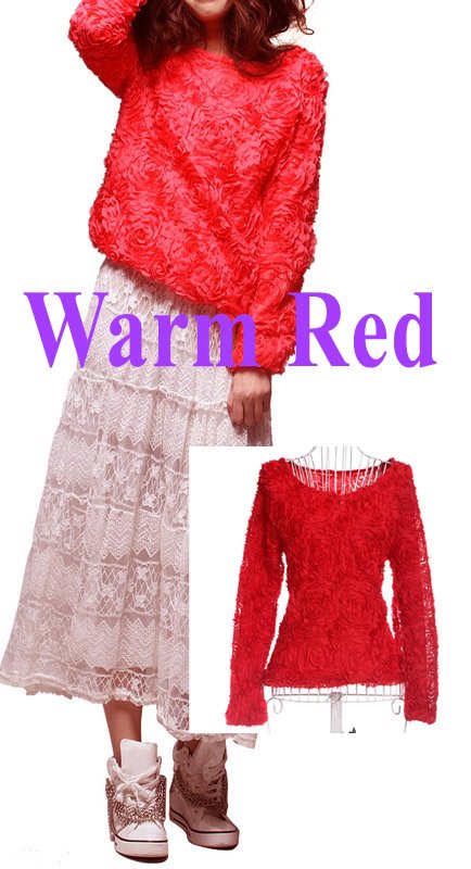 Women Blouse 3D Rose Flowers Mesh Lace Jumper Pullover Shirt Ladies Tops Warm Red ,Free Shipping  Dropshipping