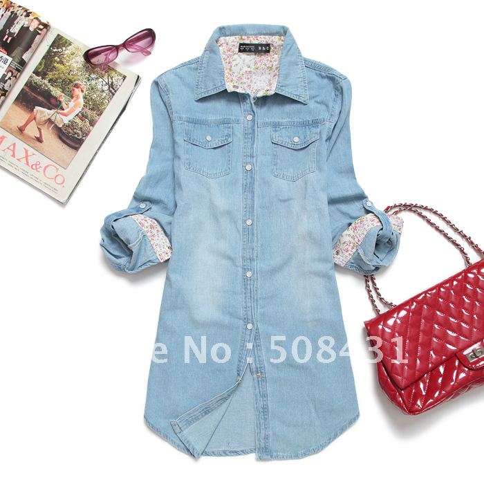 women Blouses Shirts  2012 autumn pearl buckle long-sleeve thin denim shirt plus size outerwear free shipping