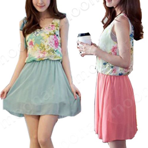 Women BowKnot Floral Pattern Pleated Mini Loose Fit  Casual Summer Chiffon Dress E0733