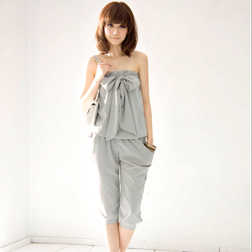 women chiffon bowknot double pockets Casual Jumpsuit - Gray#88160