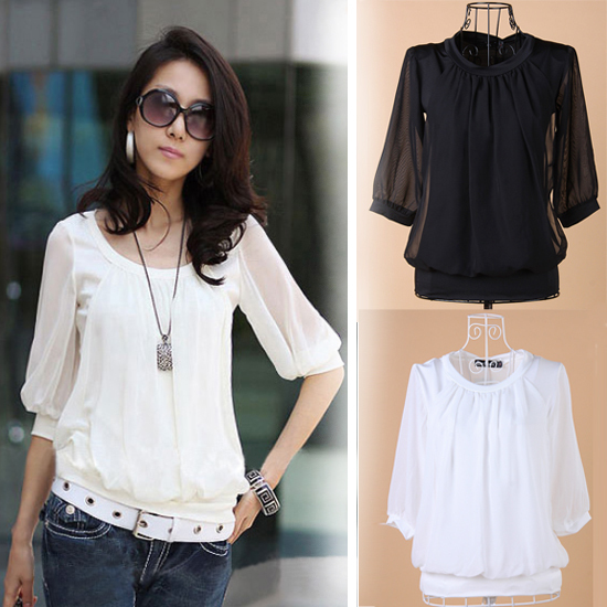 Women Chiffon Solid Mid Sleeve Transparent Iantern Sleeve Ruched Career OL Split Joint Blouse Top