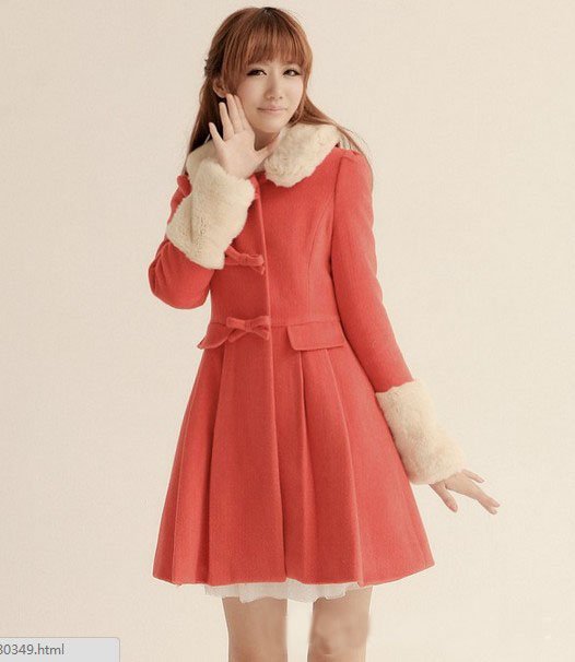 Women Christmas red dress windbreaker Fur collar woolen trench with Bow buttons Free Shipping NV274