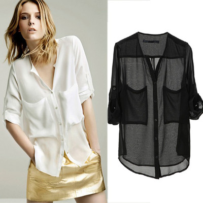 Women Collarless Button-front See-through Long Sleeve Chiffon Shirts Blouse Tops