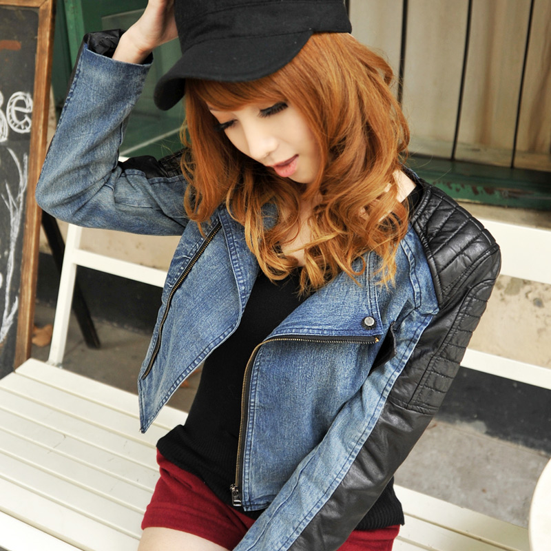 women Cool fashion patchwork water wash denim short design motorcycle leather clothing jacket