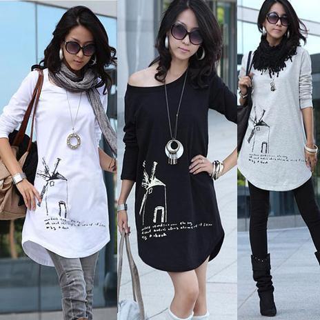 Women Crew Neck Windmill Print Slim Long Sleeve Blouse Casual T-shirt Tops A844