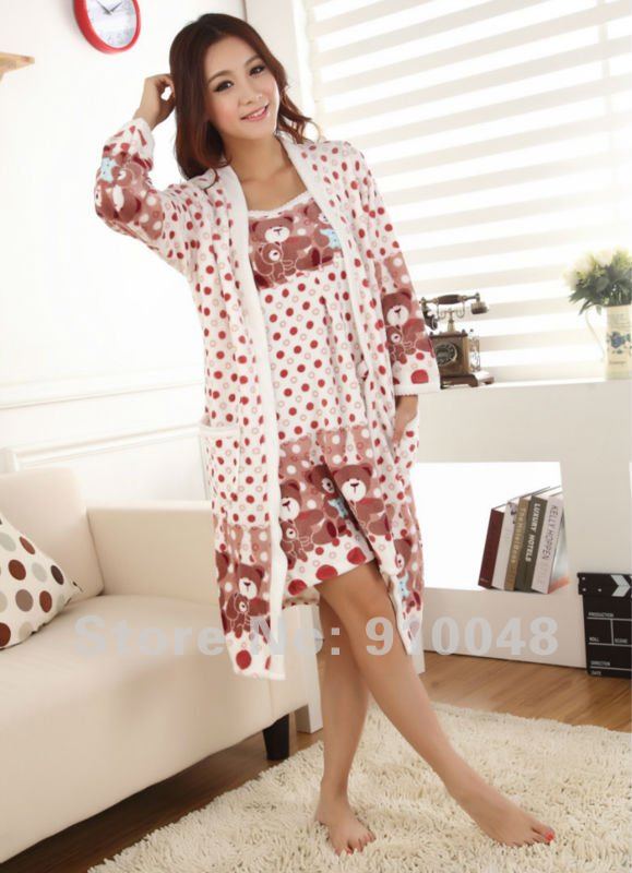 Women cute cartoon 2 pcs/set   thicker coral velvet robe /  top quality nightwear robe for lady / free shipping