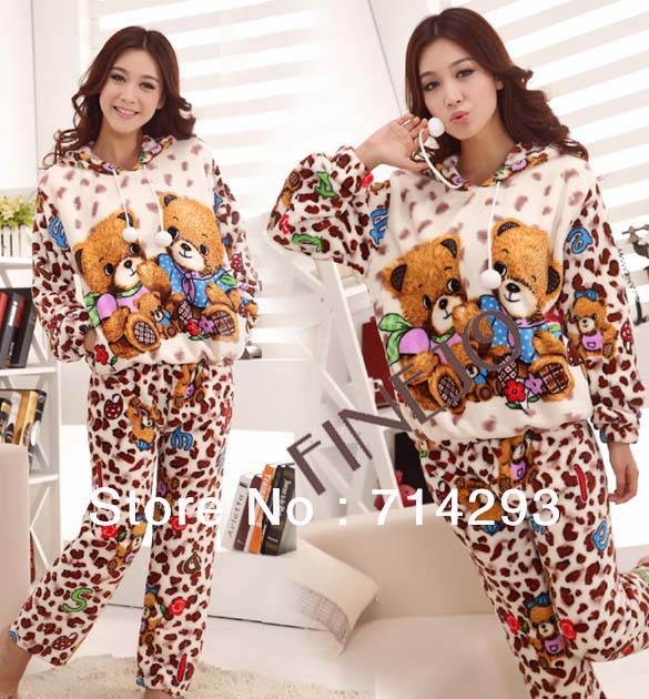 Women Cute Winter Sleepwear Pajama Hoodied Sleep Clothes Set Coral Fleece 2 Sizes free shipping 9278