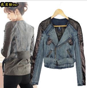 Women Denim PU leather ZIP slim top short motorcycle biker jacket coat S M L