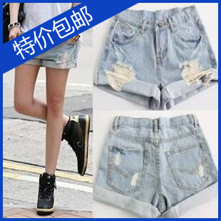 Women denim shorts loose hole mm plus size denim shorts mid waist pants