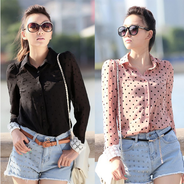 Women Dots Career Shirt Long Sleeve OL Charming Charismatic Blouse High Quality   HR357