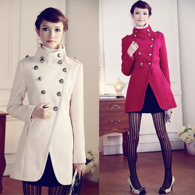 Women Double-breasted Button Trench Coat Stand Collar Retro Military Jacket Tops