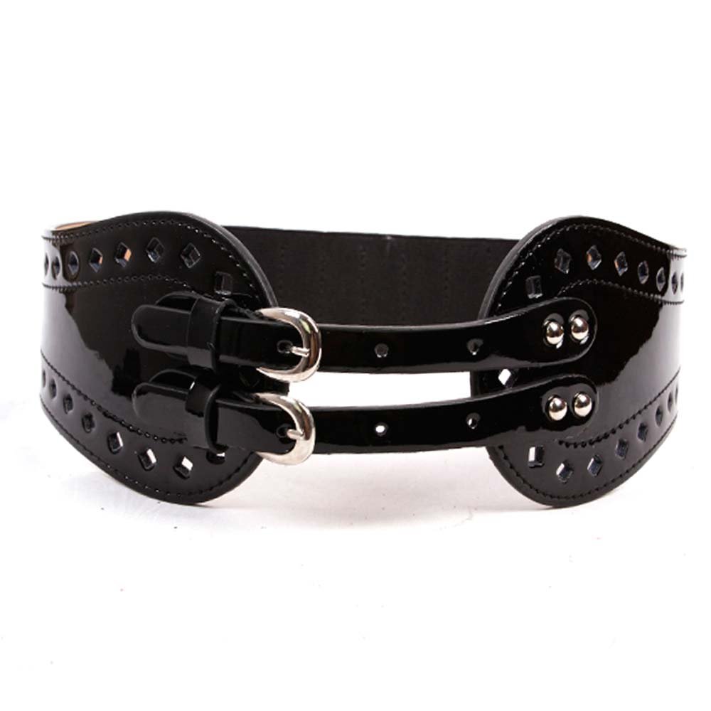 Women Double Pin Buckles Perforated Patten Leather Elastic Stretch Wide Belt  BT-C276