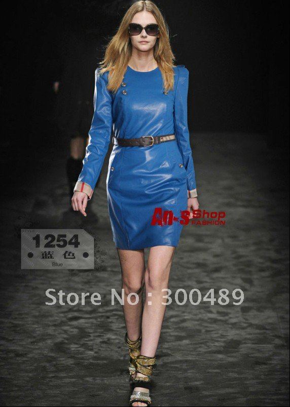 Women dress Pu leather dress long sleeve double breasted ladies office business wear elegant 1254