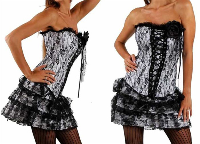 Women dress Satin corset  Sexy Lingerie  ( skirt+bustier+underwear)  white 1960