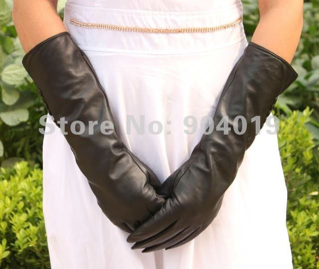 Women Fashion 38mm Long Genuine Lambskin Leather Winter Opera Gloves 6 Buttons