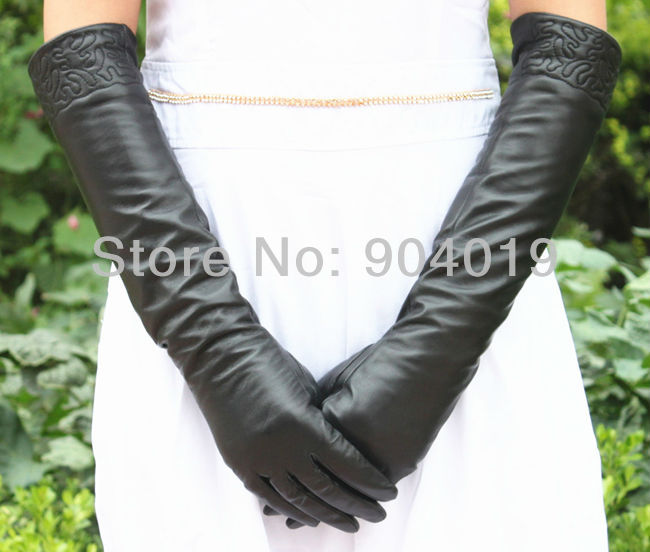 Women Fashion 47cm 18'' Long Genuine Sheep Leather Coral Design Winter Elbow Opera Gloves