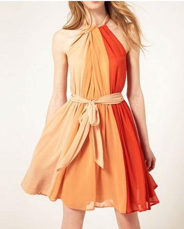 WOMEN FASHION CHIFFON PATCHWORK HALTER SLEEVELESS DRESS WITH RIBBON