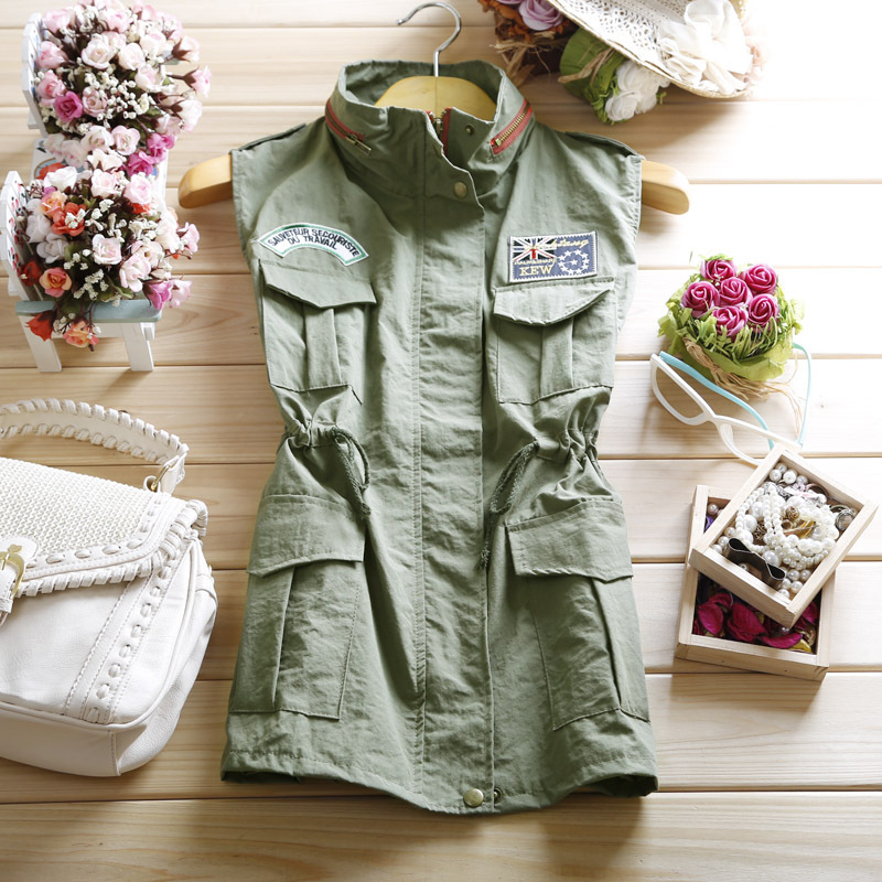 Women fashion epaulette buckle medium-long military wind vest multi-pocket strap Army Green vest