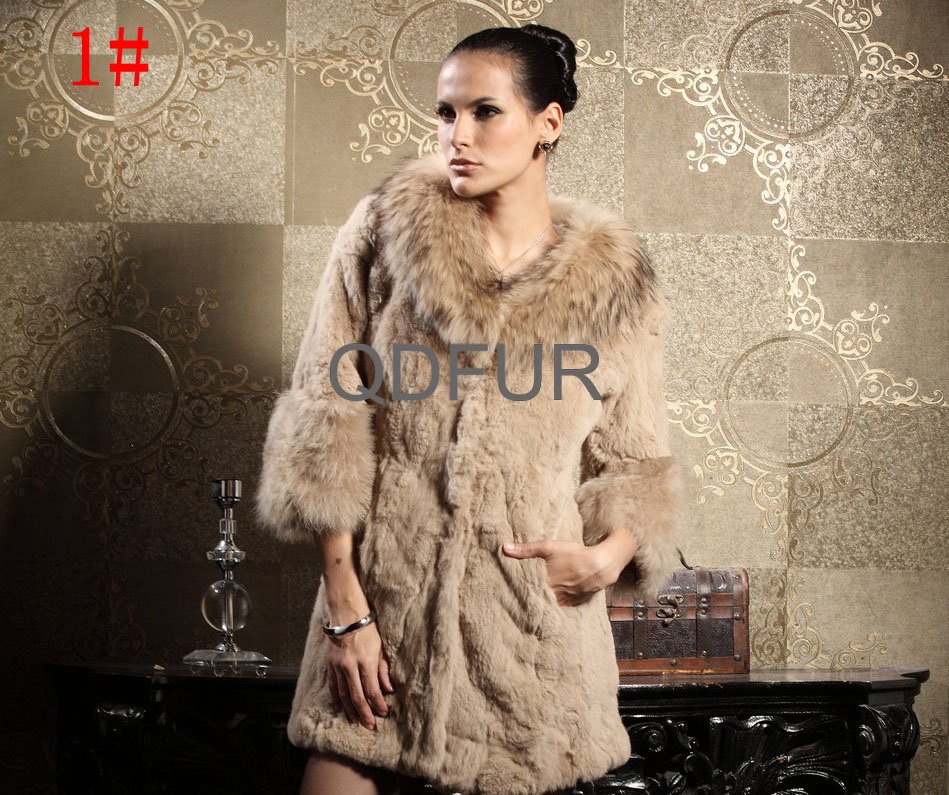 Women Fashion Genuine Rabbit Fur Coat With Raccoon Dog Fur Trim Long Garment /Free shipping   QD21878   A  G