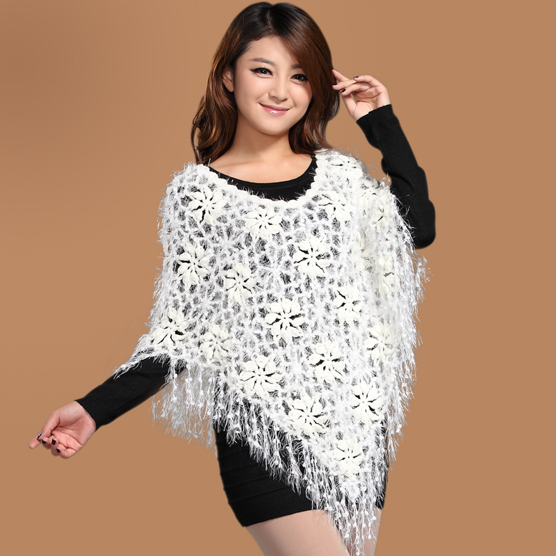 Women Fashion Hand Knitted V Collar Hollow Out White Cloak Cape Sweater Shawl Knitwear with Tassel Free Shipping