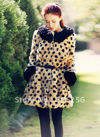 women fashion Leopard dot wool collar Rabbit fur coat, medium-long women outerwear,lady winter jacket