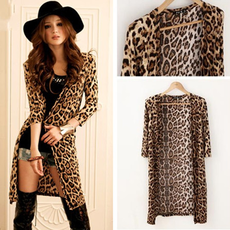 Women Fashion leopard print long sleeve opening front long outerwear coat Free shipping