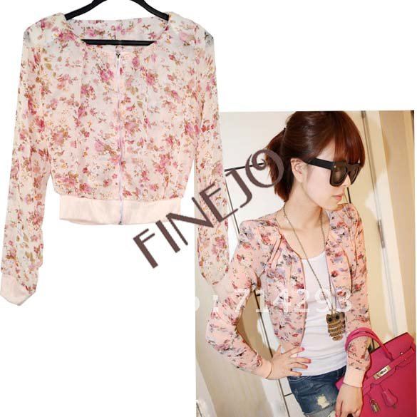 Women Fashion Long Sleeve Floral Print Shrug Short Jacket Chiffon Top 3 Colors free shipping 7339