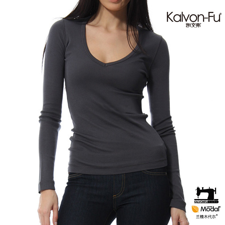 Women fashion long-sleeve T-shirt slim basic modal V-neck long-sleeved shirt plus size 302