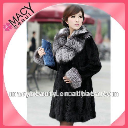 Women fashion mink fur coat with Fox fur collar Black CF-1003