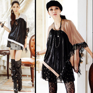 Women Fashion New arrival 2012 sexy leather tassel cloak plus size half sleeve t-shirt clothing top t Free Shipping