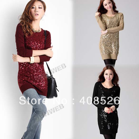 Women Fashion Sequin Slim Fit Long Sleeve Crewneck Backing Sweater knitted Sweater Dress 3 Colors Free shipping 9169