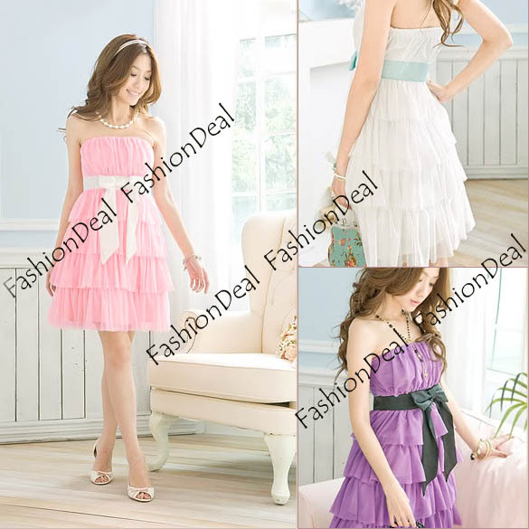 Women Fashion Sexy Sweet Bowknot Layers Petticoat Mini Tube Party Chiffon Dress Purple, White, Pink Free shipping 3689