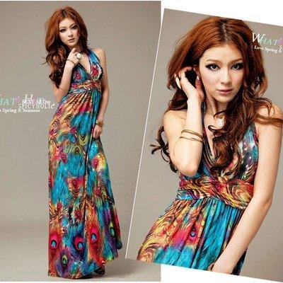 Women Fashion V-Neck Halter Boho Maxi Evening Party Full Long Plunge DressFF0826