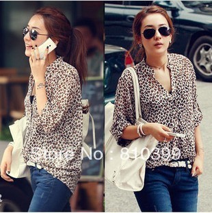 Women Fasion T-Shirt Korea Style Chiffon Leopard Print V Neck Turn-UP Cuff Leopard Shirt Freeshipping#1023