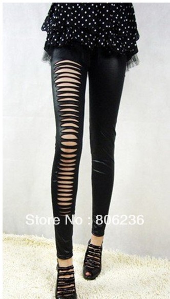 Women Front Broken metallic Leather Look Skinny Leggings    B376