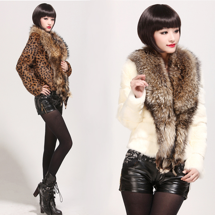 women fur coat women large full skin raccoon fur collar jacket woman leopard print rabbit fur overcoat free shipping