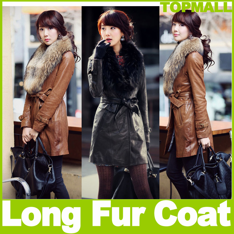 Women Fur Long Jacket Outwear Dermal Raccoon Leather Winter Coat Parka Overcoat