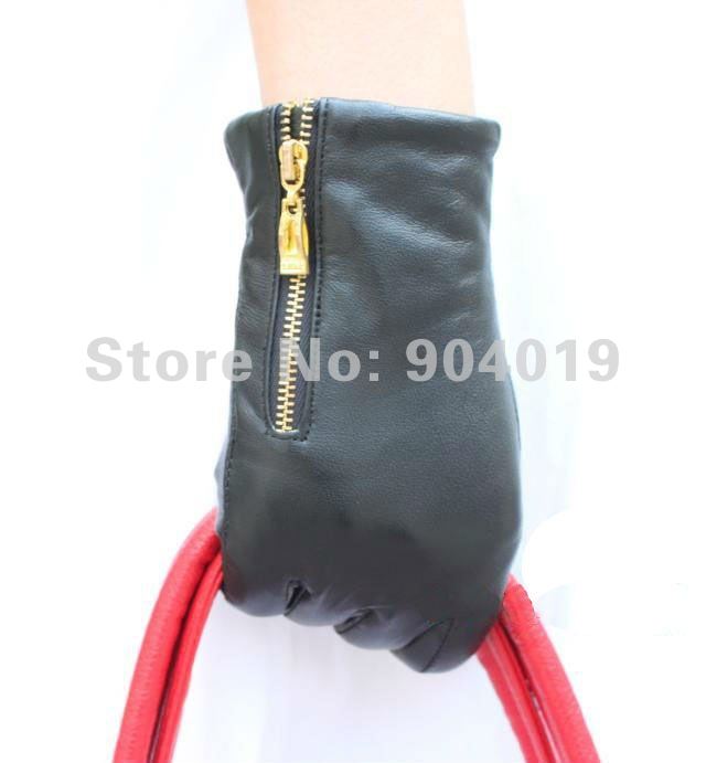 Women Genuine Lambskin Leather Zipper Wrist Gloves Driving Evening Gloves