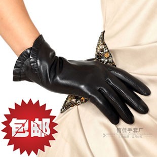 Women genuine leather gloves fashion laciness sheepskin gloves winter thermal lining fleece lined gloves Free Shipping