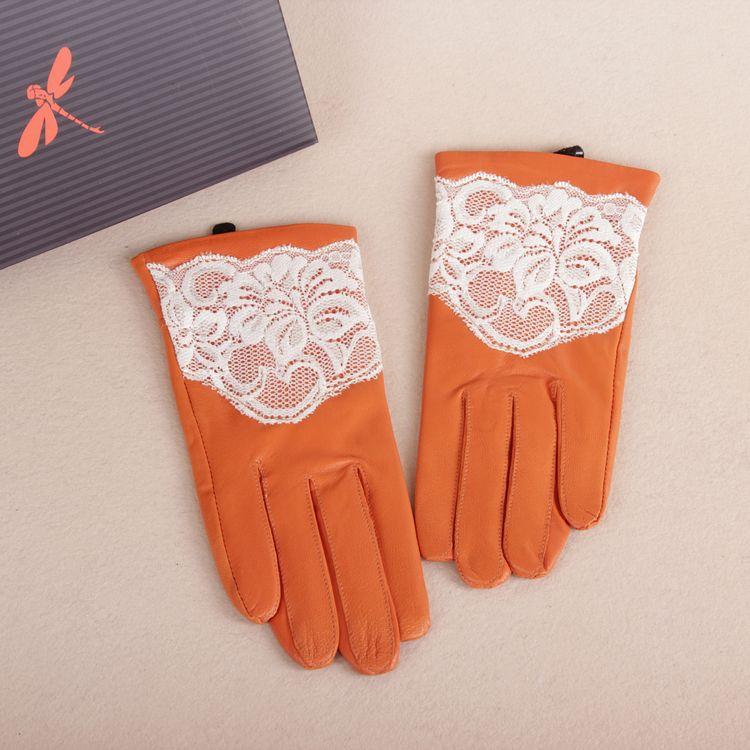 women genuine leather gloves orange with lace  size M L