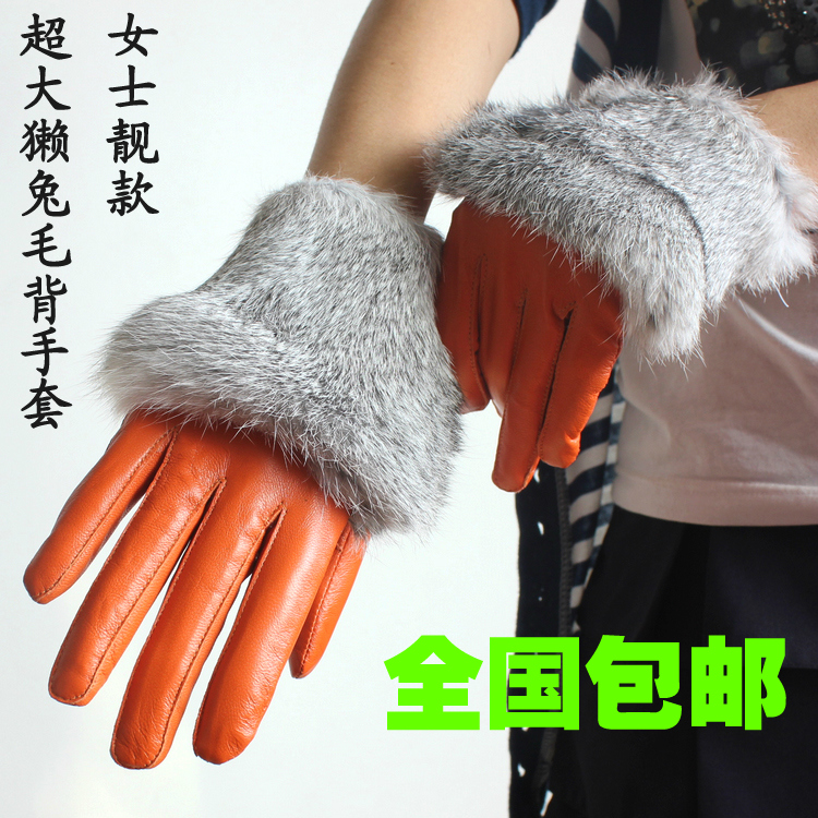 Women genuine leather sheepskin gloves autumn and winter thermal paragraph of leather gloves large rex rabbit hair gloves